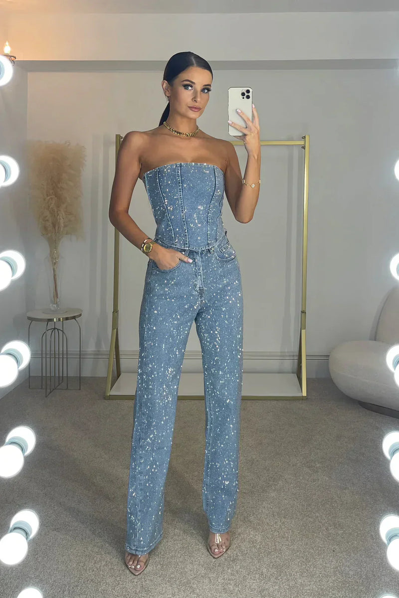 Glitzerndes Damen Hosenset mit High-Waist-Jeans – Liora