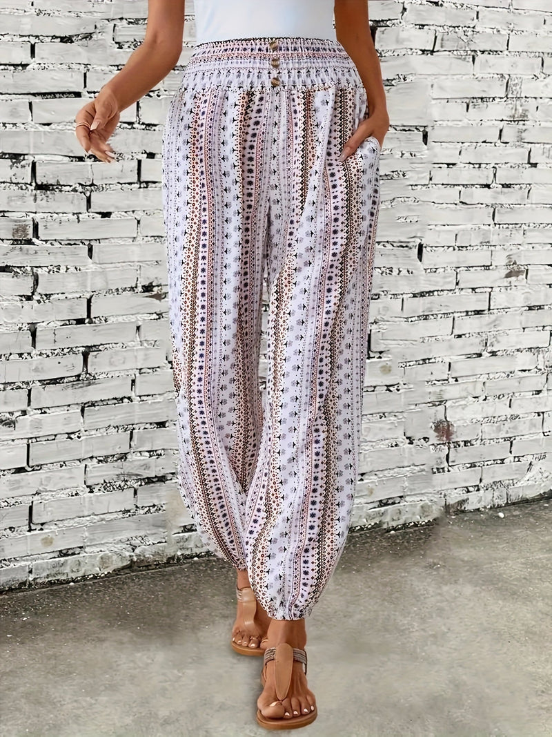 Boho High-Waist Damenhose mit Print & gesmoktem Bund – Linara