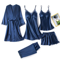 Satin-Schlafset Damen 5-teilig mit Spitze – Amara