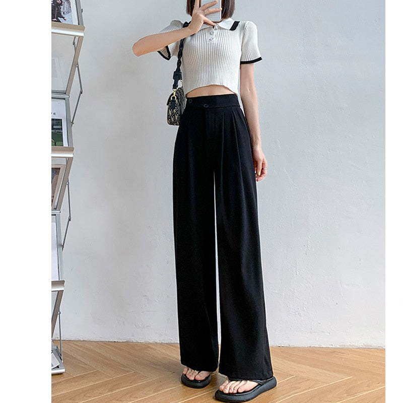 High-Waist Casual Damen Hose mit weitem Bein – Emilia