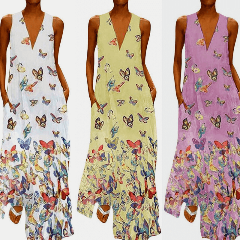 Trendy Ärmelloses Maxi-Sommerkleid mit Schmetterlingsmuster – Malia