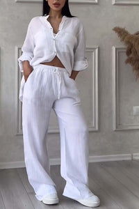 Trendiges Damen Leinen-Zweiteiler Set mit Bluse & weiter Hose – Lina
