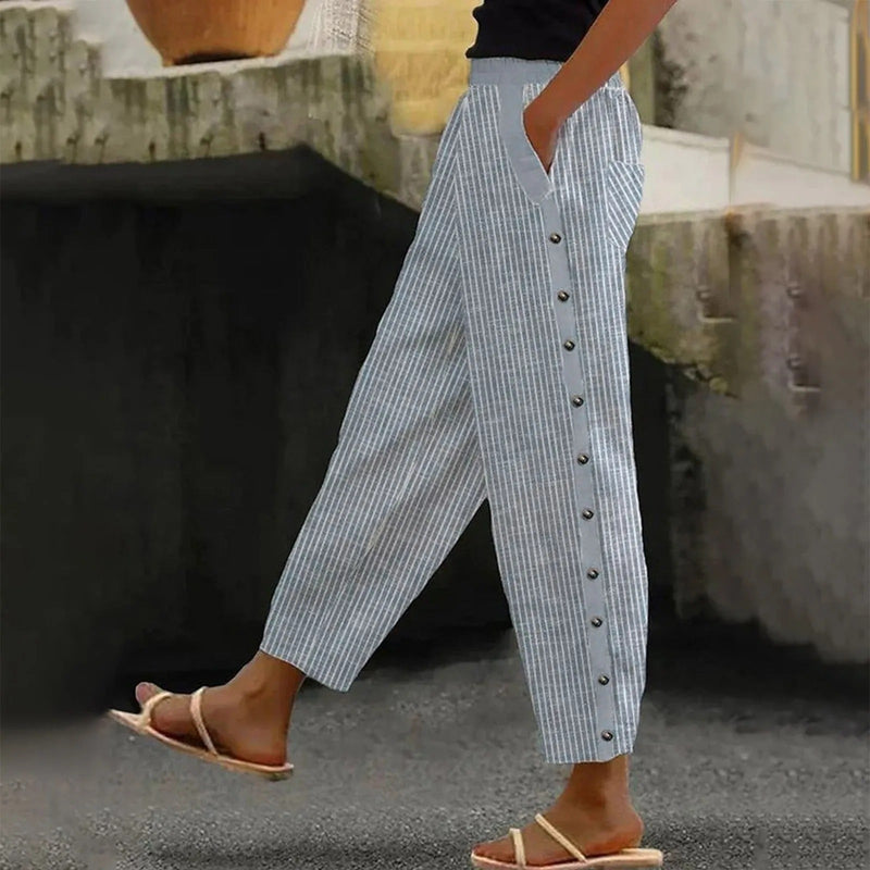 Gestreifte High-Waist Damen Hose mit Zierknöpfen – Florence