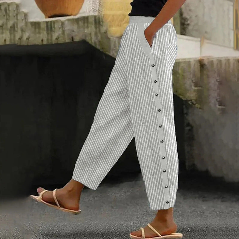 Gestreifte High-Waist Damen Hose mit Zierknöpfen – Florence