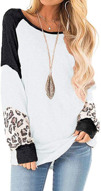 Naggoo Womens Farbe Block Leopard Rundhalsausschnitt Langarm lässig lose Tunika Shirts Tops Sweatshirt