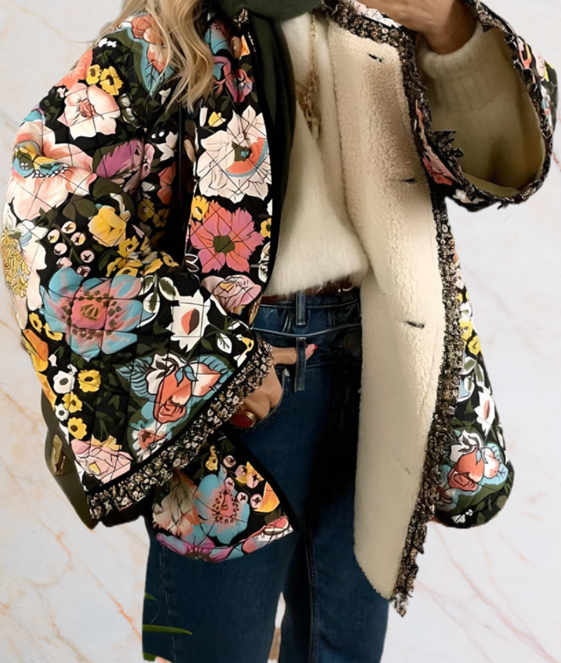 Brooklyn - Schwarze dicke Kunstjacke innen mit großen Blumenprints