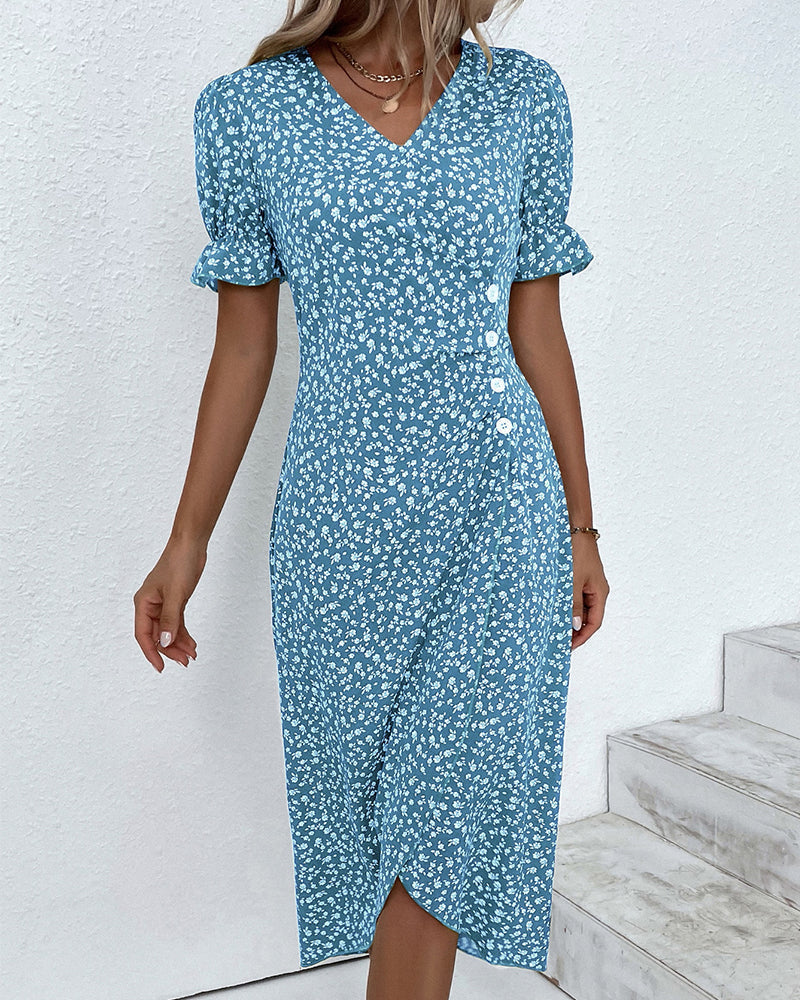Knopfkleid mit V-Ausschnitt & Kurzarm – Luisa