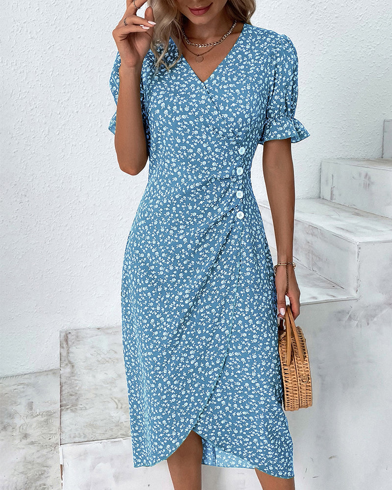 Knopfkleid mit V-Ausschnitt & Kurzarm – Luisa