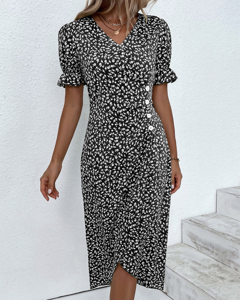 Knopfkleid mit V-Ausschnitt & Kurzarm – Luisa