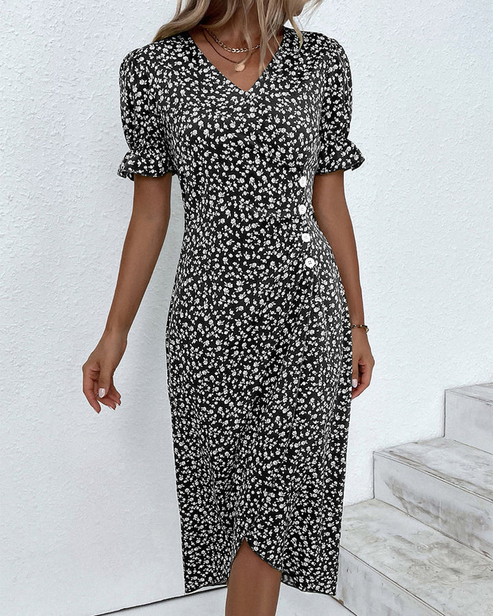 Knopfkleid mit V-Ausschnitt & Kurzarm – Luisa