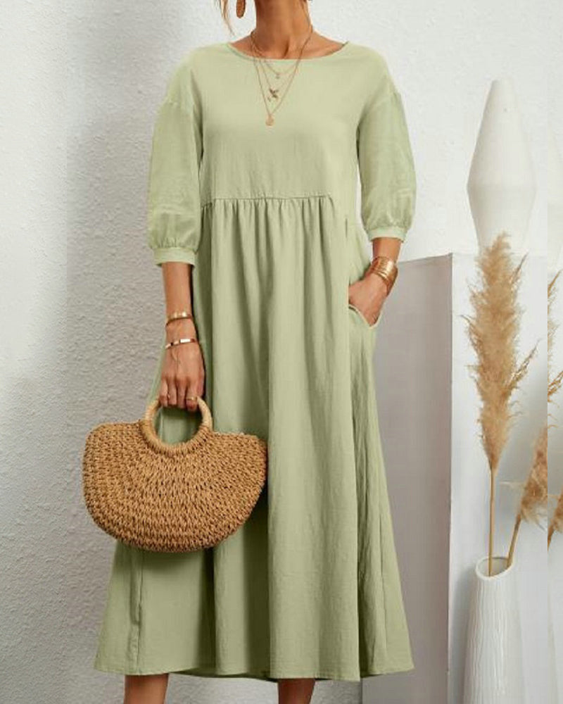 Damen Midikleid mit Rundhalsausschnitt & Laternenärmeln – Selina
