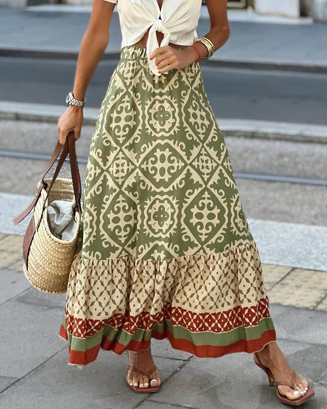 Bedruckter Boho Maxirock mit fließendem Schnitt & Fransen – Yalina