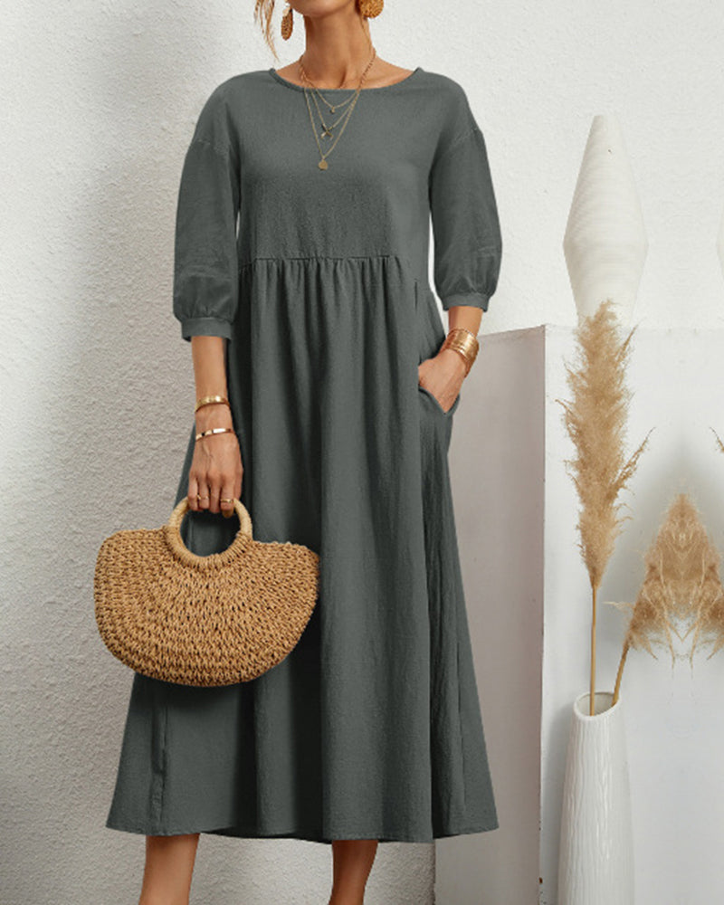 Damen Midikleid mit Rundhalsausschnitt & Laternenärmeln – Selina
