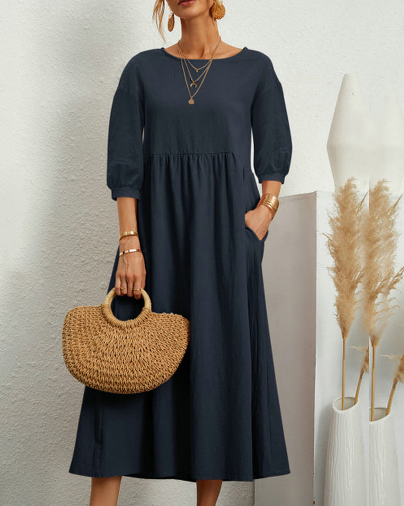 Damen Midikleid mit Rundhalsausschnitt & Laternenärmeln – Selina