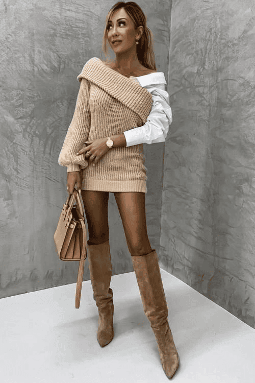 Damen Strickkleid mit angenähtem Hemd – Elodie