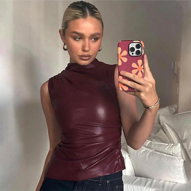 Damen Ärmelloses Leder-Top mit Taillierter Passform – Nila