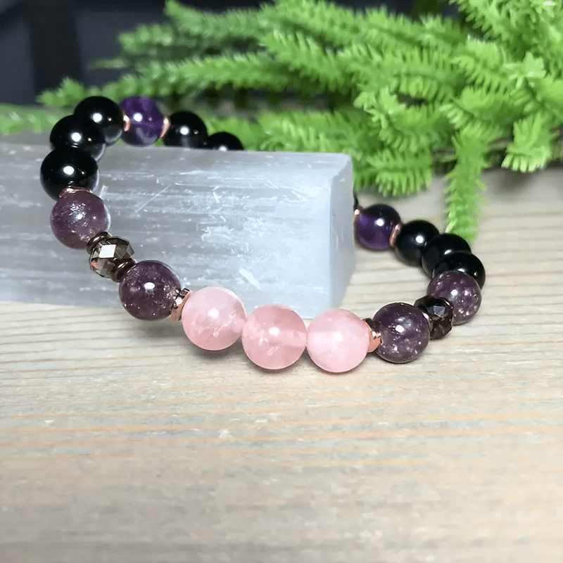 8mm Rosenquarz Obsidian Amethyst Perlenarmband - Aurora