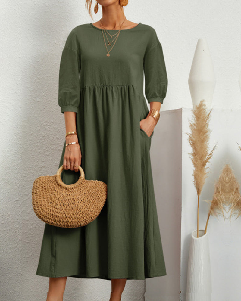 Damen Midikleid mit Rundhalsausschnitt & Laternenärmeln – Selina