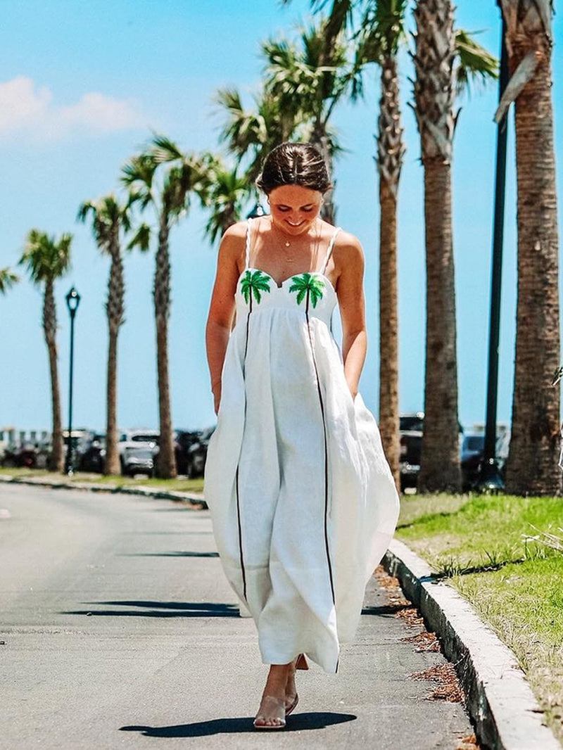 Trendiges Trägerkleid mit tropischem Palmenprint – Estelle