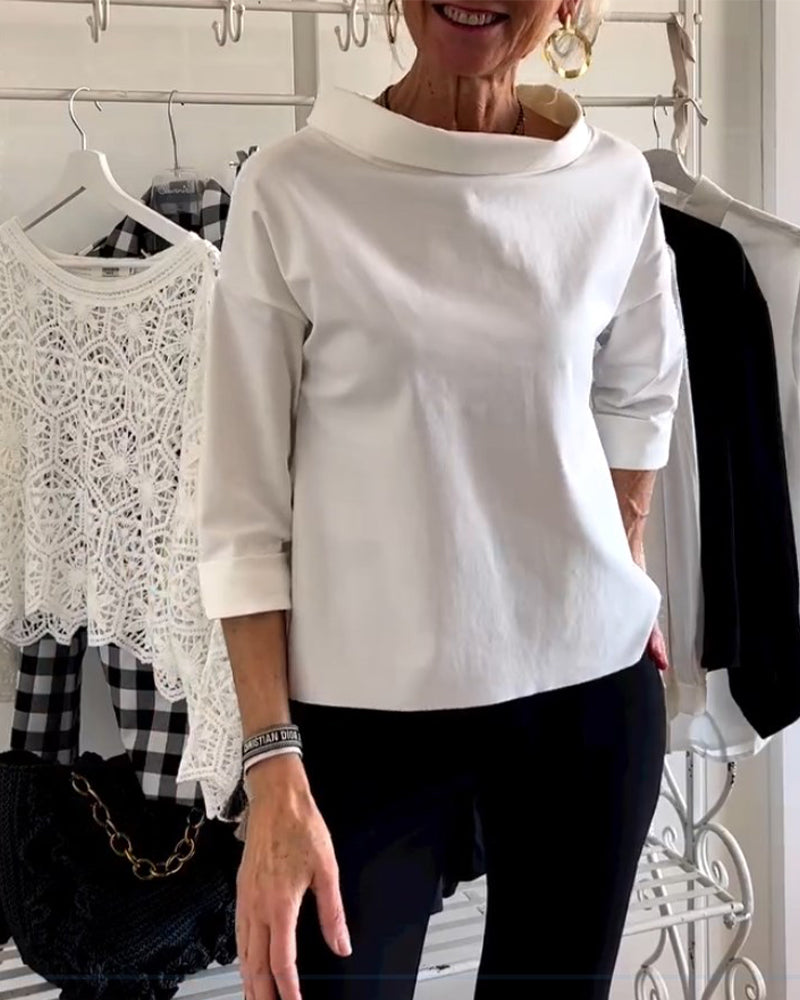 Damen Herbstbluse mit hohem Kragen und 3/4-Ärmeln – Mireille