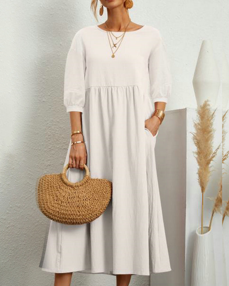 Damen Midikleid mit Rundhalsausschnitt & Laternenärmeln – Selina