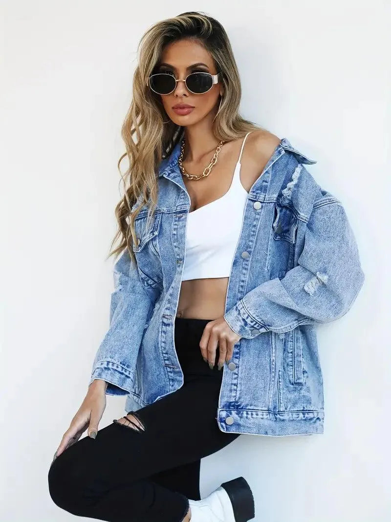 Wasserfeste & Gefütterte Oversized Damen Jeansjacke mit Kapuze – Talia