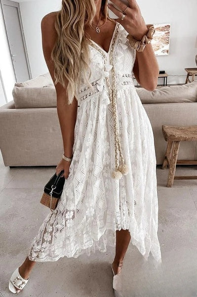 White Lace Fringe Dress - Élodie