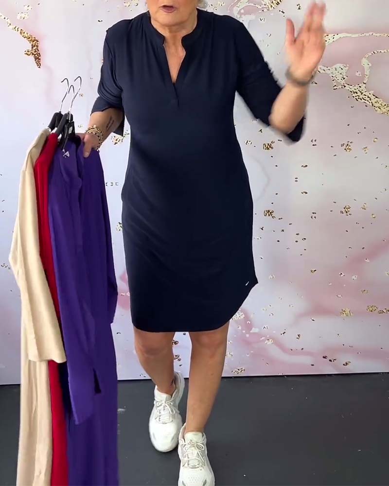 Stilvolles Damen Midikleid mit V-Ausschnitt & wandelbaren Ärmeln – Naria