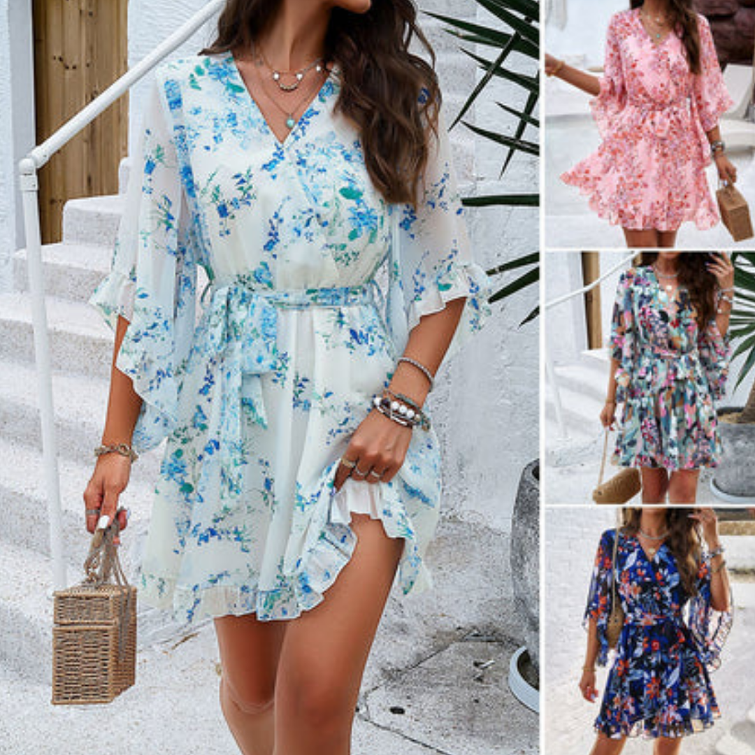 Verspieltes Minikleid mit Blumenmuster & Glockenärmeln – Liora