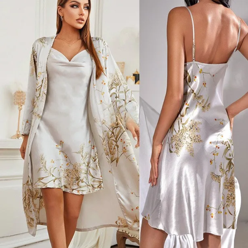 Zweiteiliges Satin-Nachthemd & Kimono-mit Blumenprint – Noelle
