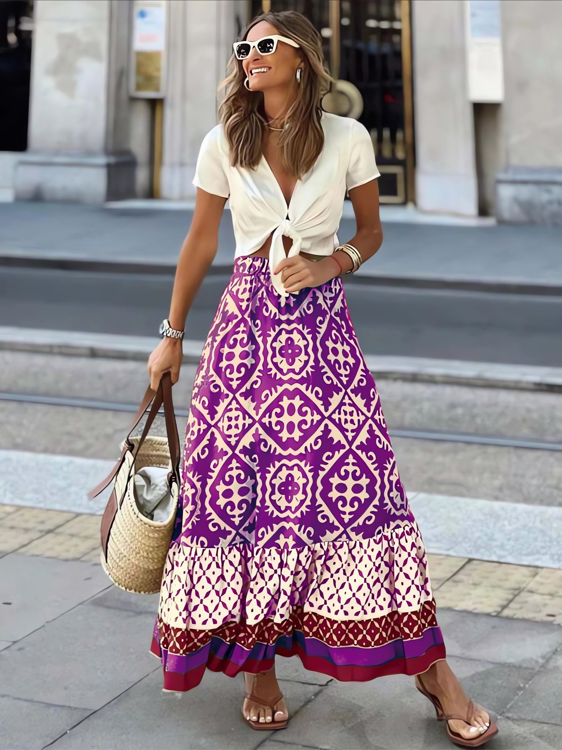 Bedruckter Boho Maxirock mit fließendem Schnitt & Fransen – Yalina