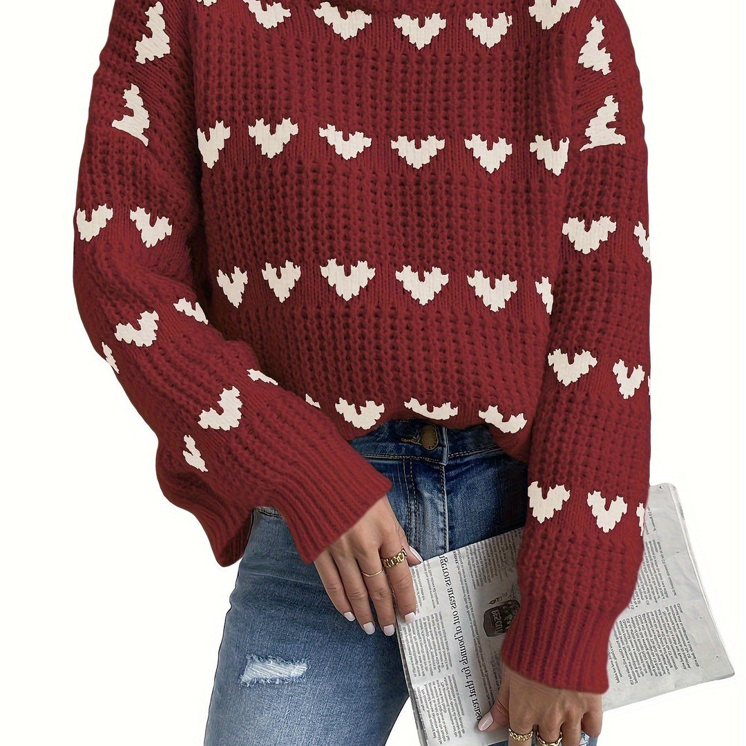 Knitted Sweater for Women with Heart Pattern and High Collar – Nola