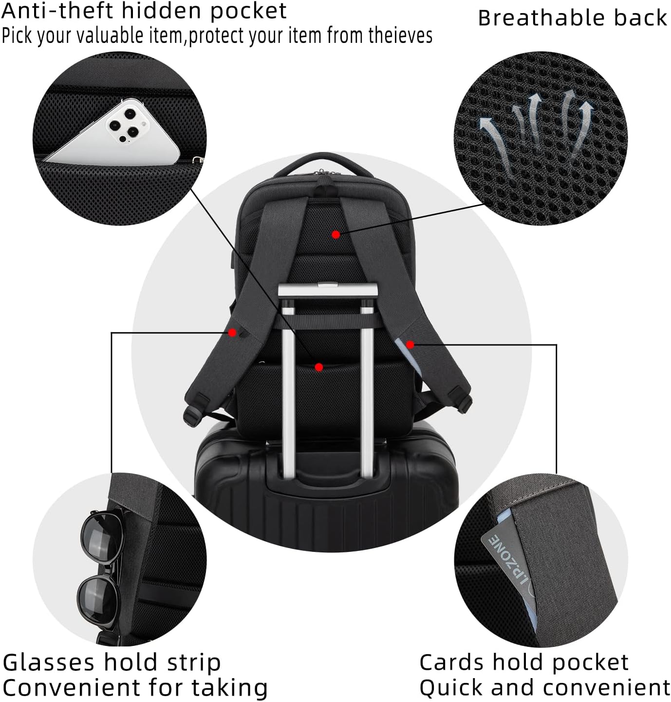 Wasserdichter Reise-Laptoprucksack mit USB-Anschluss und organisierter Aufbewahrung
