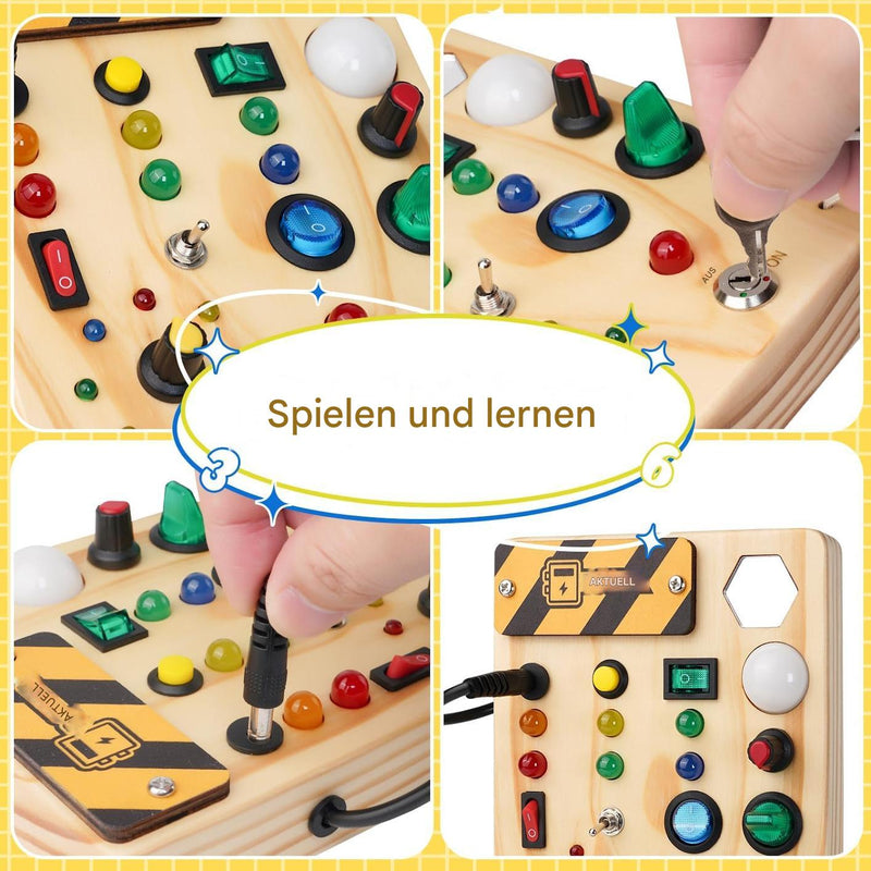 Holz Busyboard für Kinder, Lernspielzeug mit Schaltern und Lichtern, motorische Fähigkeiten.