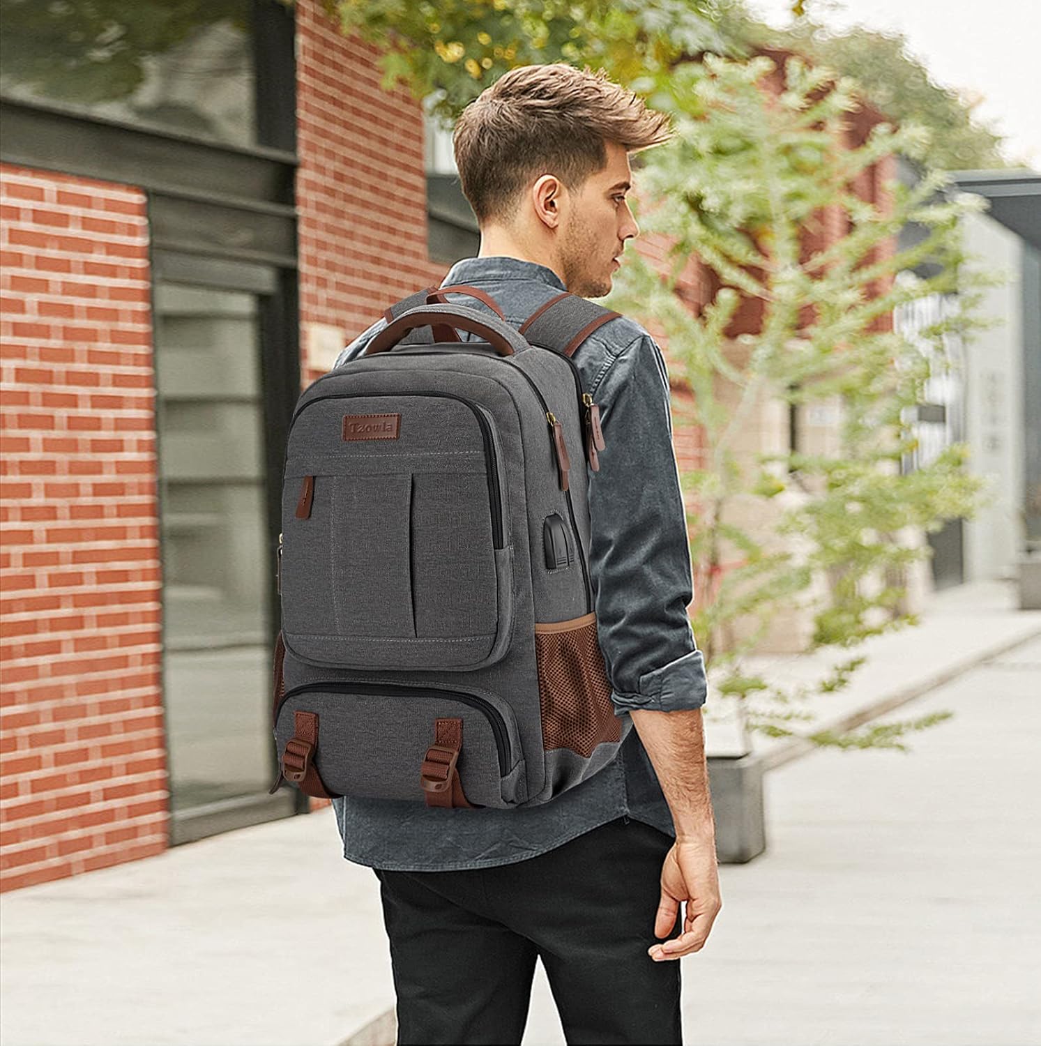 Anti-Diebstahl Canvas Laptop- und Reiserucksack mit USB-Anschluss – Geeignet für Laptops bis 43,94 cm