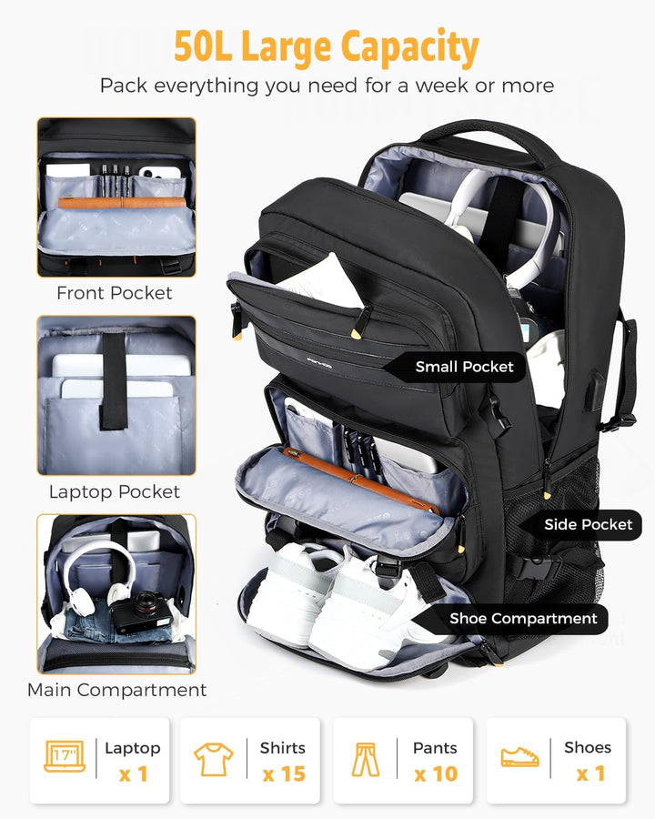 50L Flugbereiter Konvertierbarer Reiserucksack mit Schuhfach & USB-Anschluss