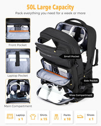 50L Flugzeugzugelassener Reiserucksack mit Schuhfach und umklappbarem Trageriemen