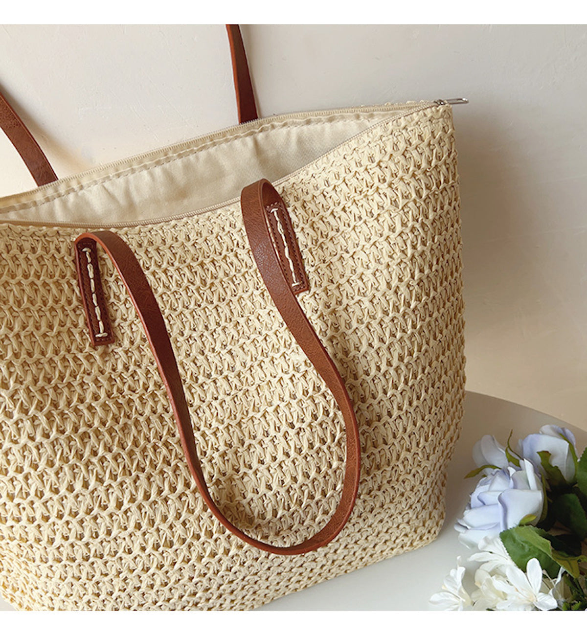 Geflochtene Korbtasche mit Lederhenkeln – SummerBreeze Tote