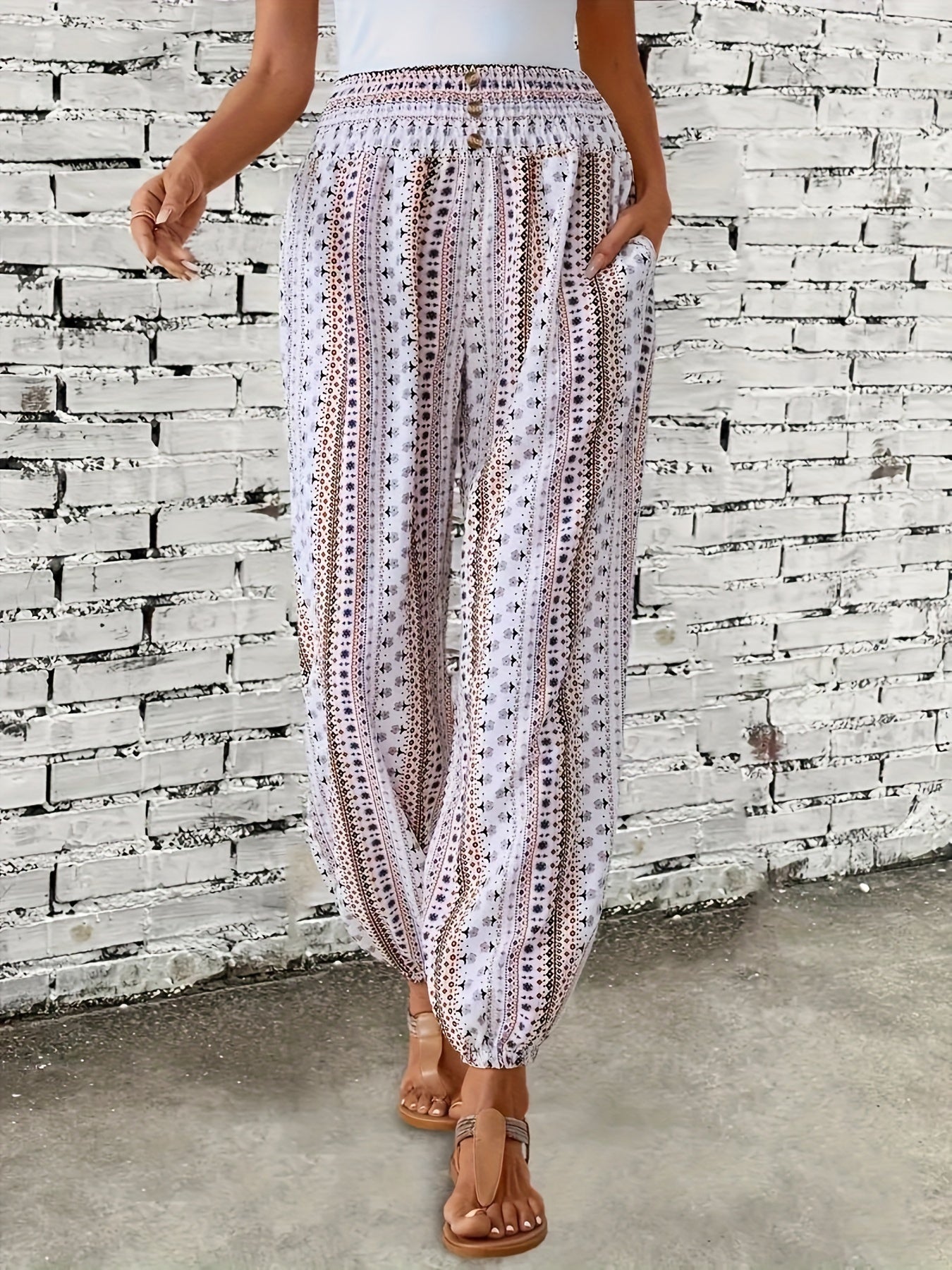 Boho High-Waist Damenhose mit Print & gesmoktem Bund – Linara