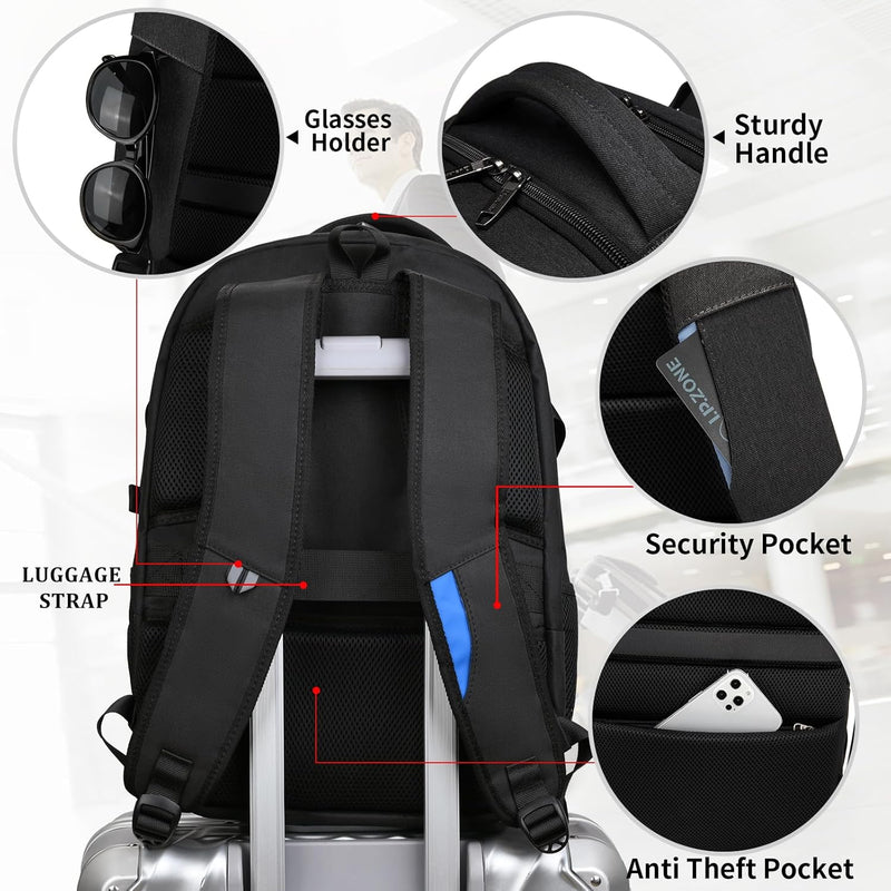Wasserdichter Reise-Laptoprucksack mit USB-Anschluss und organisierter Aufbewahrung