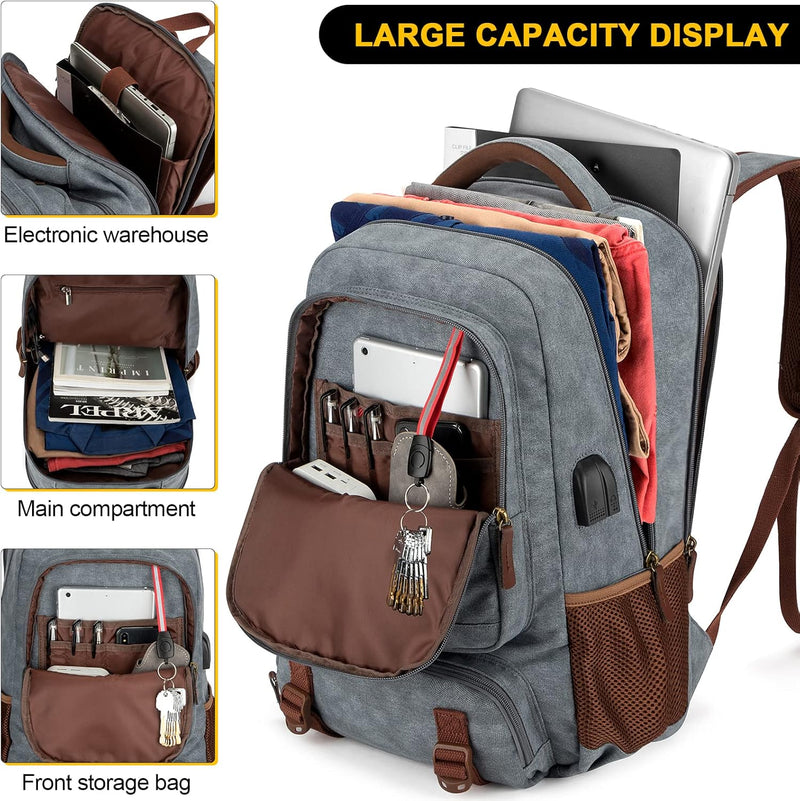 Anti-Diebstahl Canvas Laptop- und Reiserucksack mit USB-Anschluss – Geeignet für Laptops bis 43,94 cm