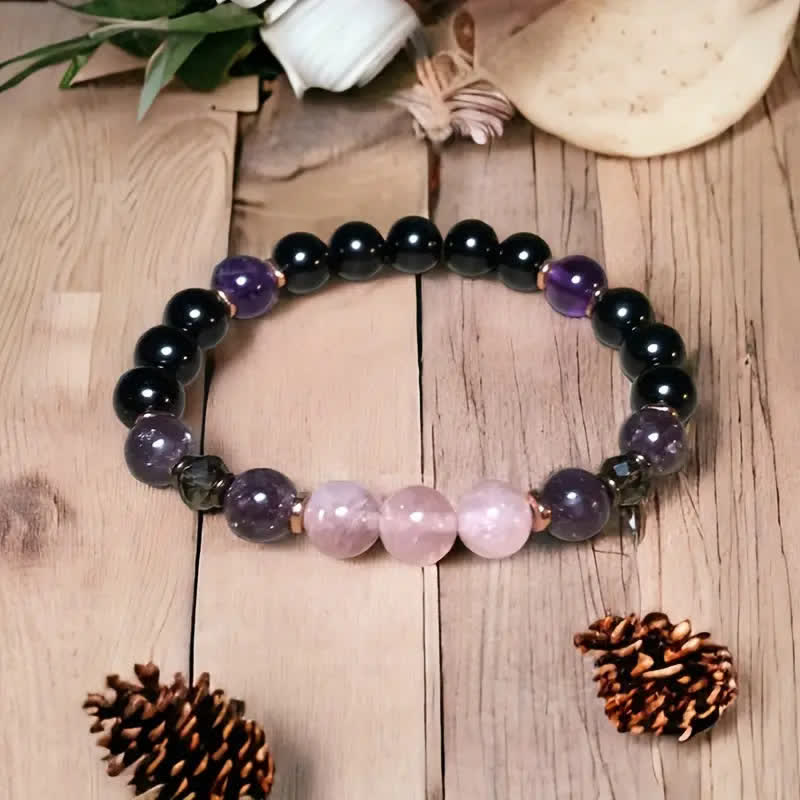 8mm Rosenquarz Obsidian Amethyst Perlenarmband - Aurora