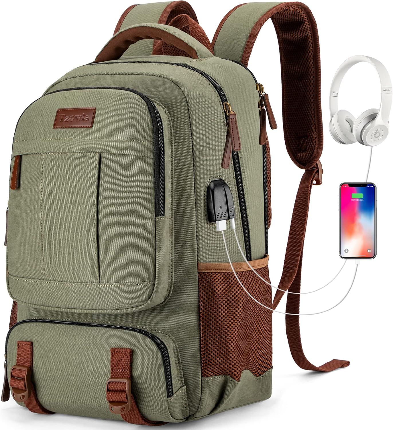 Anti-Diebstahl Canvas Laptop- und Reiserucksack mit USB-Anschluss – Geeignet für Laptops bis 43,94 cm
