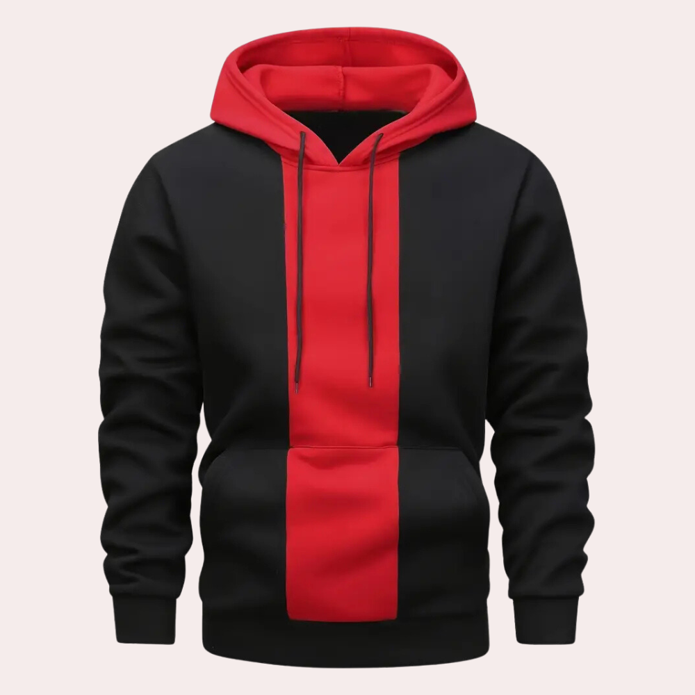 Schwarzer Hoodie mit rotem Streifen, Kapuze und Kordelzug, Unisex, Baumwolle, modisch.