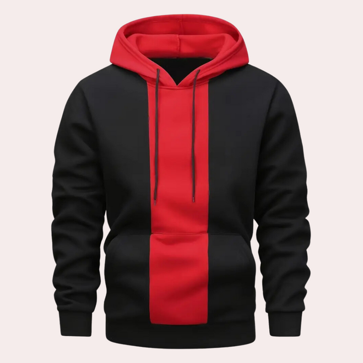 Schwarzer Hoodie mit rotem Streifen, Kapuze und Kordelzug, Unisex, Baumwolle, modisch.