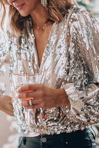 Funkelndes & Stilvolles Damen Glitzer V-Ausschnitt Langarm-Top – Naya