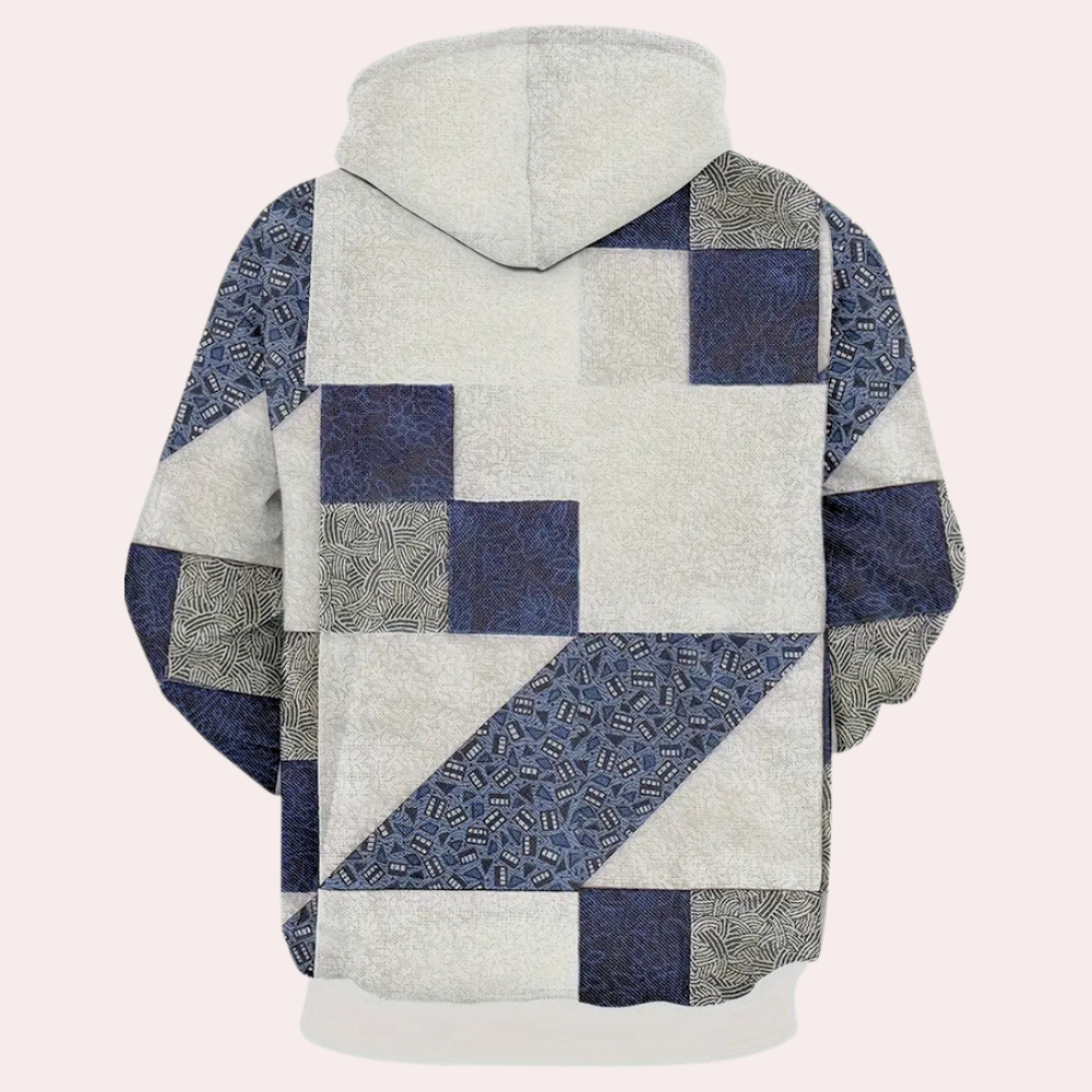 Patchwork-Hoodie, blau-weiß, geometrisches Muster, Unisex, Baumwolle, modisch, warm, bequem