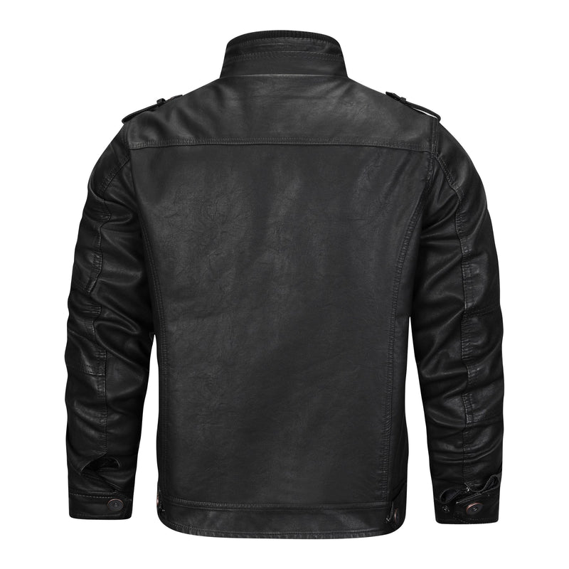 Schwarze Lederjacke für Herren, Rückansicht, modisch, robust, mit Stehkragen und Schulterklappen.