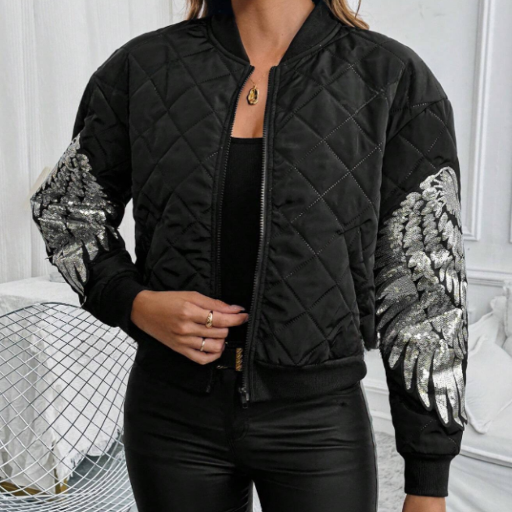 Schwarze gesteppte Bomberjacke mit silbernen Flügel-Details, Damenmode, elegant und modern.