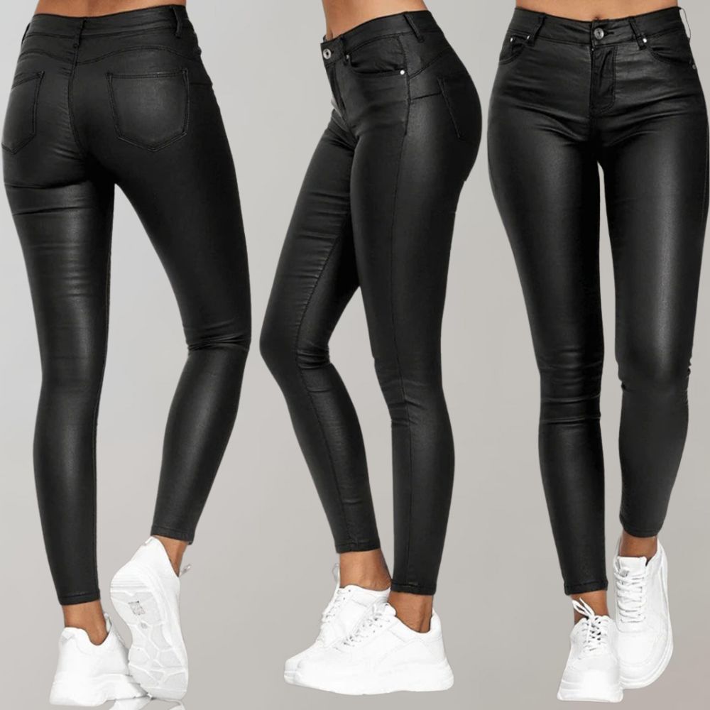 Schwarze Damen-Lederhose, eng anliegend, elegant, bequem, mit Taschen, modisch, vielseitig.